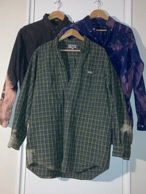 LOT 3 Bleached Upcycled Button-Up Long Sleeve Carhartt Ralph Lauren Eddie Beauer